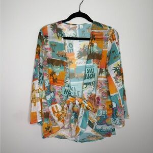 Cato Tropical Print Sheer Tie-Front Blouse Cardi Top